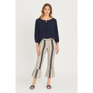 Wray Stripes Ruffle Bottom Wide Leg Pant Navy Beige, Size 4